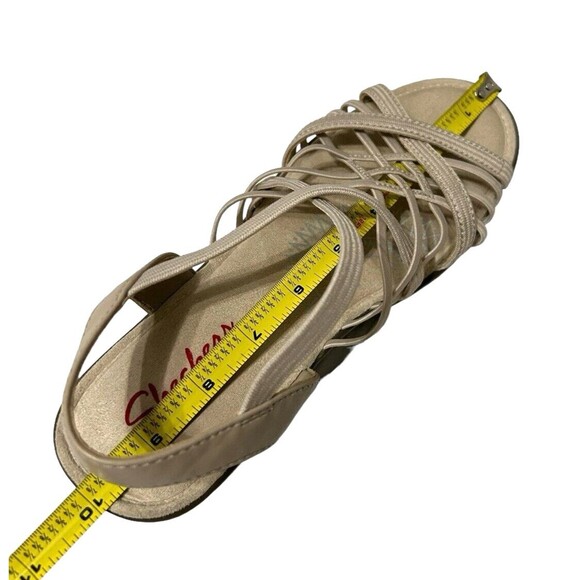 Skechers Memory Foam Multi Gore Sling Back Wedge Strappy Beige Sandals Sz 7.5? - Picture 11 of 16